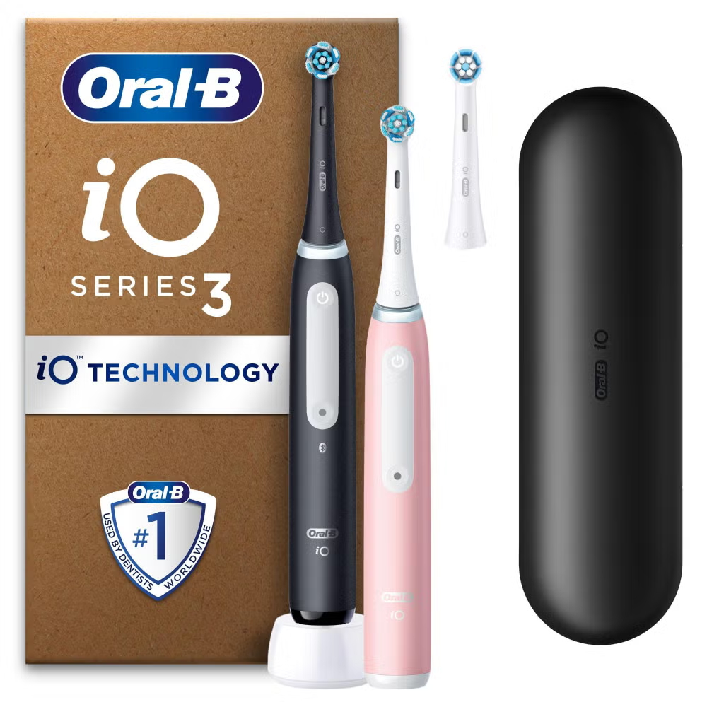 Oral-B iO3 Electric Toothbrushes, Pink & Black (Duo Pack), with Travel Case and Extra Head Image 1