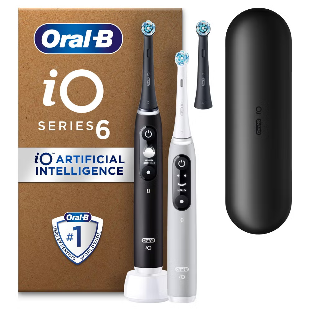 Oral-B iO6 Electric Toothbrushes, Pink & Black (Duo Pack), with Travel Case and Extra Head Image 1